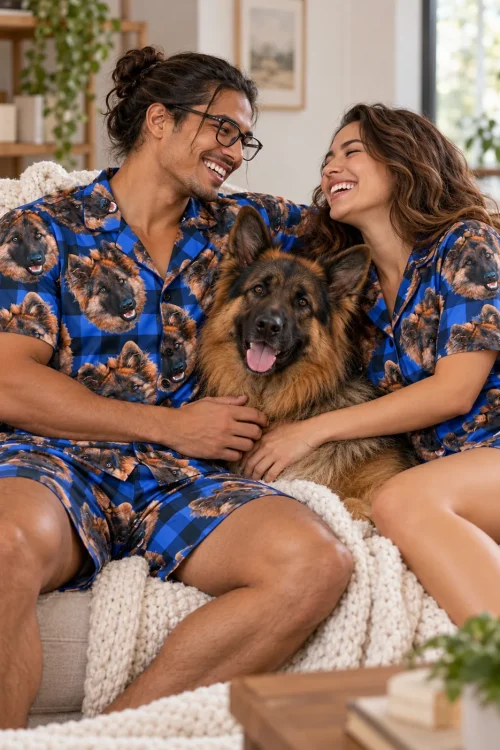 Laughing couple on a sofa in blue plaid pajama shorts sets hugging their German shepherd