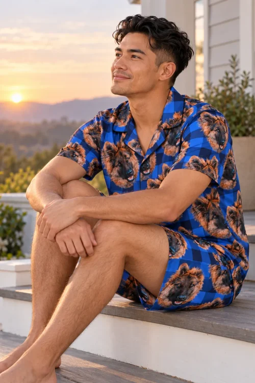 Man sitting on porch steps at sunset in blue plaid pajama shorts printed with German shepherd faces