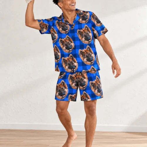 Men's Blue Plaid Pajama Shorts Set with Your Pet's Face