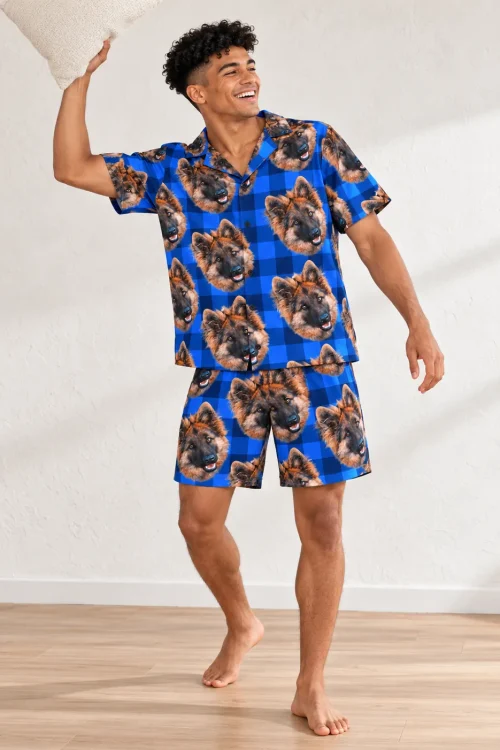 Men's Blue Plaid Pajama Shorts Set with Your Pet's Face
