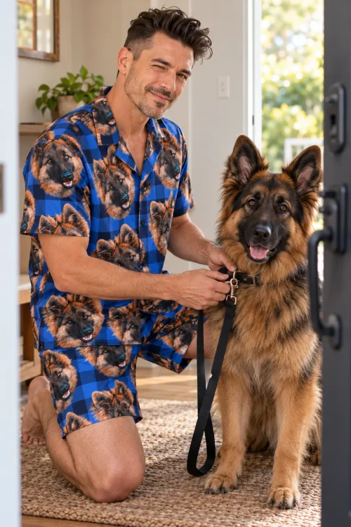 Man kneeling to clip a leash on his German shepherd, wearing blue plaid pajama shorts and shirt