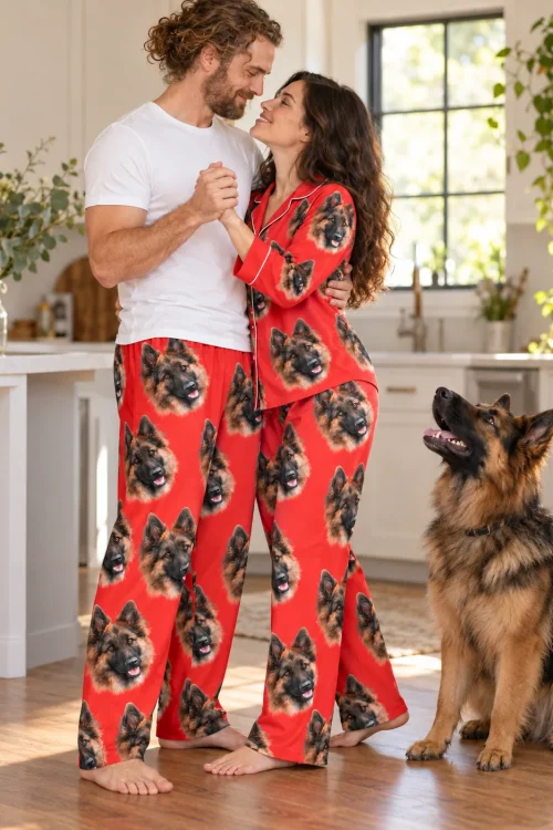 Couple dancing in a bright kitchen in red pajama pants with German Shepherd faces as their dog watches
