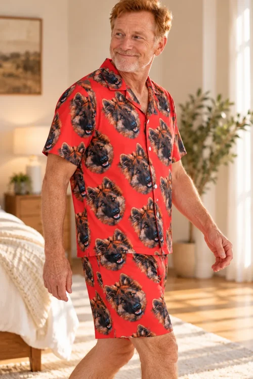 Smiling man walking through a sunny bedroom in a red shirt and shorts with German shepherd faces