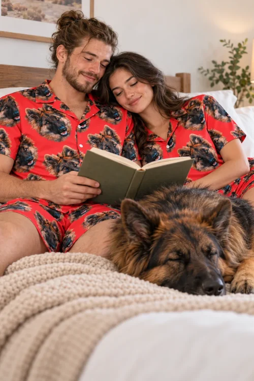 Couple in matching red pajama sets reading in bed with their sleeping German shepherd