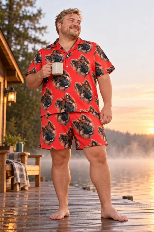Man with a mug on a lakeside dock at sunrise in a red pajama set with German shepherd faces