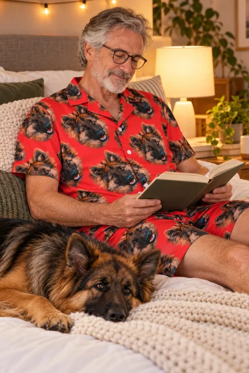Gray-haired man reading in bed in a red pajama set, his German shepherd resting beside him