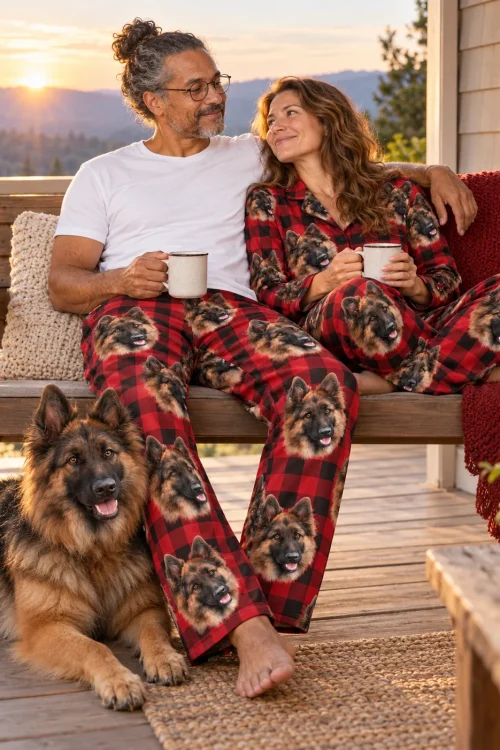 Couple in red plaid pajama pants with German Shepherd faces on a porch swing at sunset beside their dog