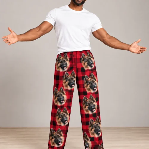 Men's Red Plaid Pajama Pants with Your Pet's Face