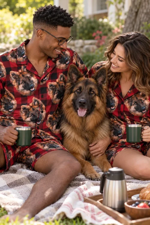 Couple in red plaid pajamas with mugs on a picnic blanket, their German shepherd between them