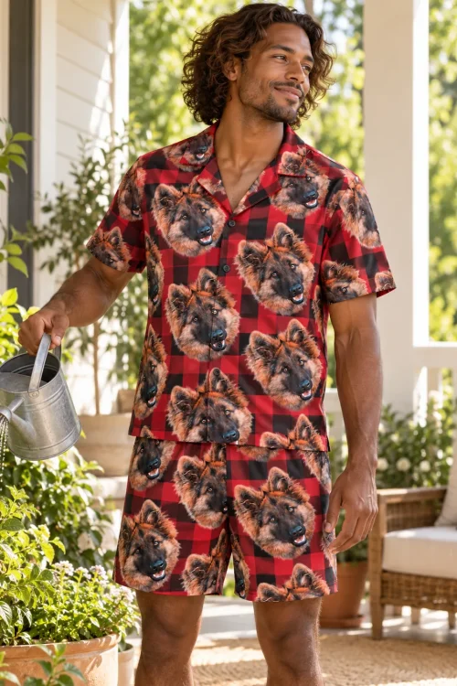 Man watering porch plants in red plaid pajamas printed with German shepherd faces