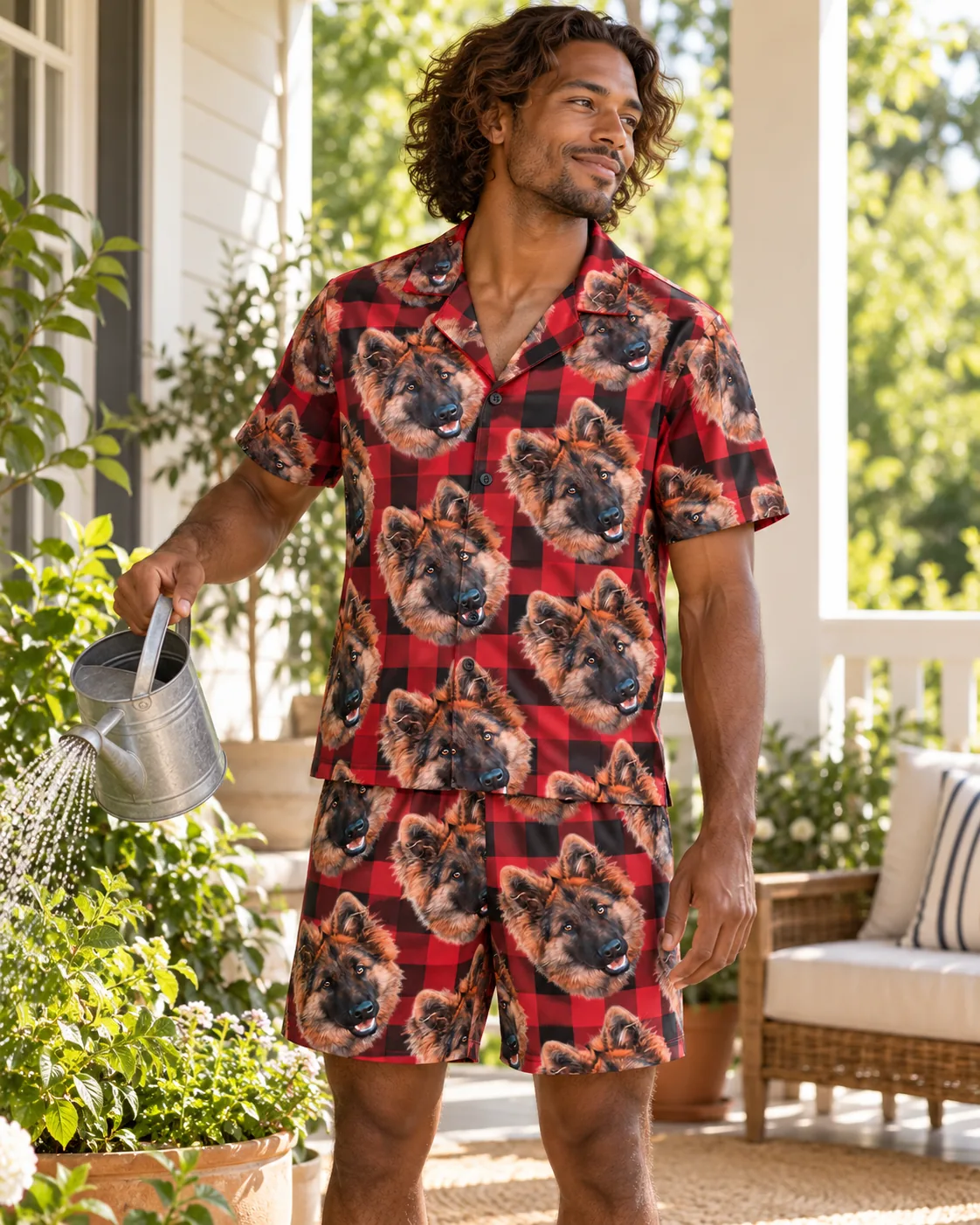 Man watering porch plants in red plaid pajamas printed with German shepherd faces