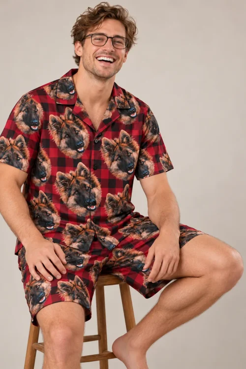 Men's Red Plaid Pajama Set with Your Pet's Face