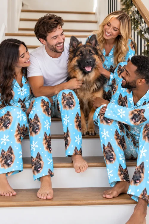 Four friends in sky blue snowflake pajama pants with German Shepherd faces hugging their dog on a staircase