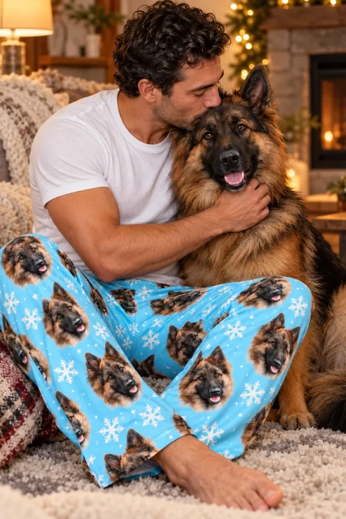 Man kissing his German Shepherd by a fireplace while wearing blue snowflake pajama pants with its face