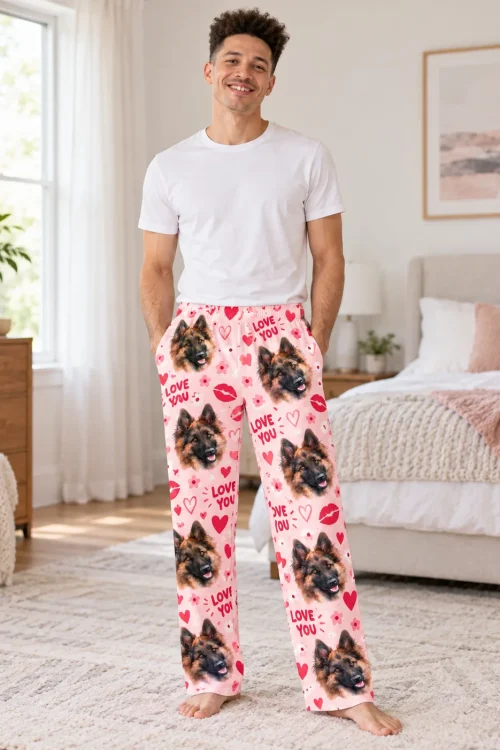 Man in pink Valentine pajama pants with German Shepherd faces, hearts and Love You print in a bright bedroom