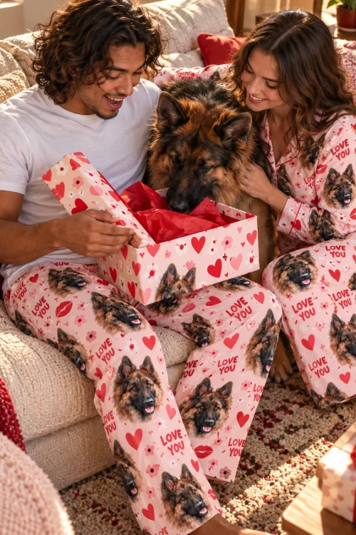Couple in pink Valentine pajama pants with German Shepherd faces opening a heart gift box with their dog