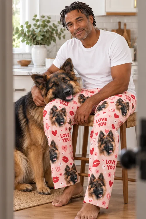 Man on a kitchen stool with his German Shepherd leaning on his knee, in pink Valentine pajama pants