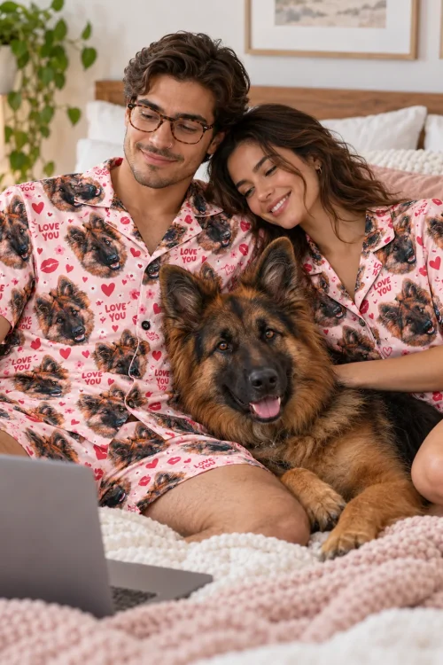 Couple on a bed with a laptop in matching Valentines pajamas, their German shepherd between them