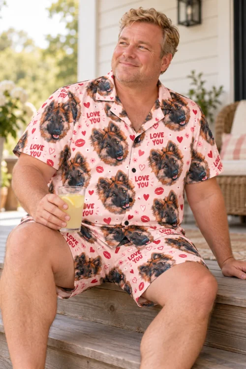 Man with lemonade on porch steps in Valentines pajamas printed with German shepherd faces and hearts