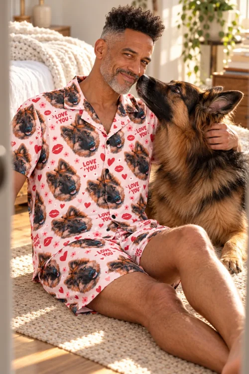 Man on a sunny rug getting a kiss from his German shepherd, wearing blush Valentines pajamas with its face