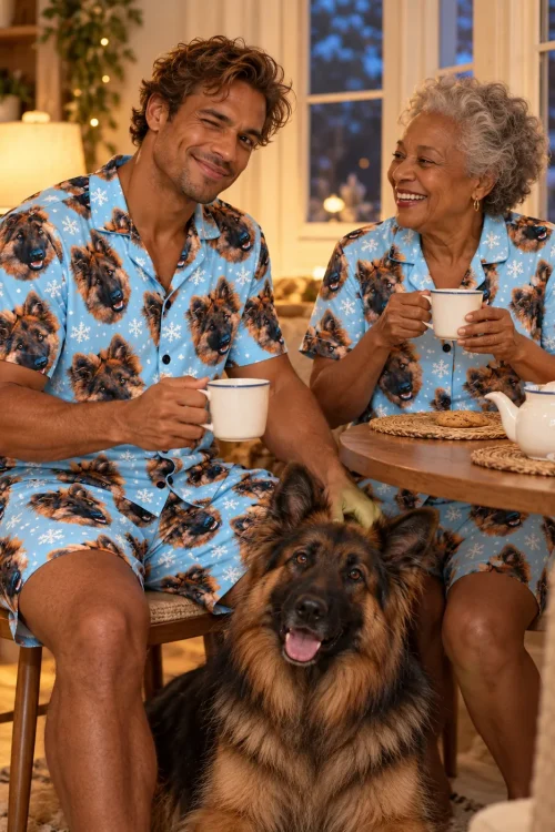 Man and an older woman sharing tea with their German shepherd in snowflake winter pajama sets