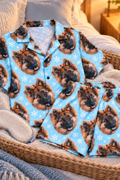 Light blue snowflake pajama set with German shepherd faces folded in a basket with a sleep mask