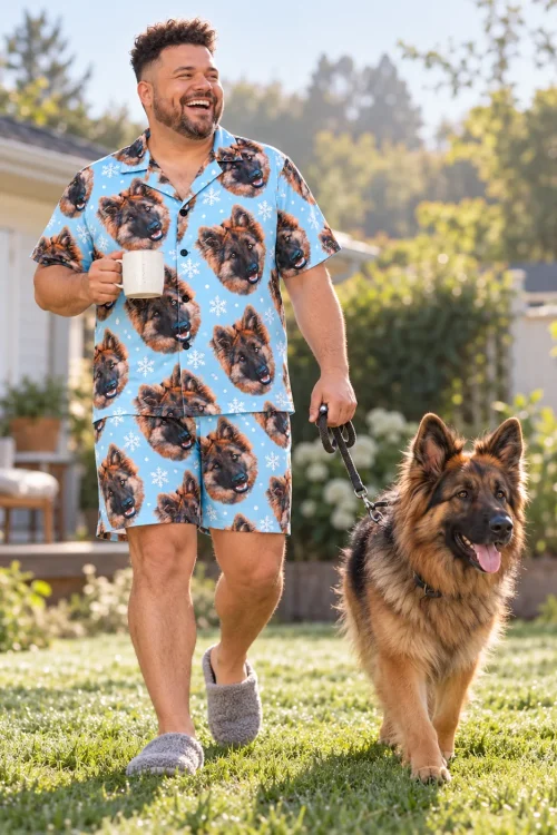 Man with a mug walking his German shepherd on a sunny lawn in a light blue snowflake pajama set