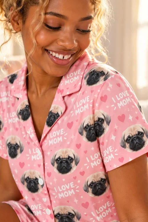Close view of a smiling woman in a pink mom pajama set with I LOVE MOM lettering and pug faces