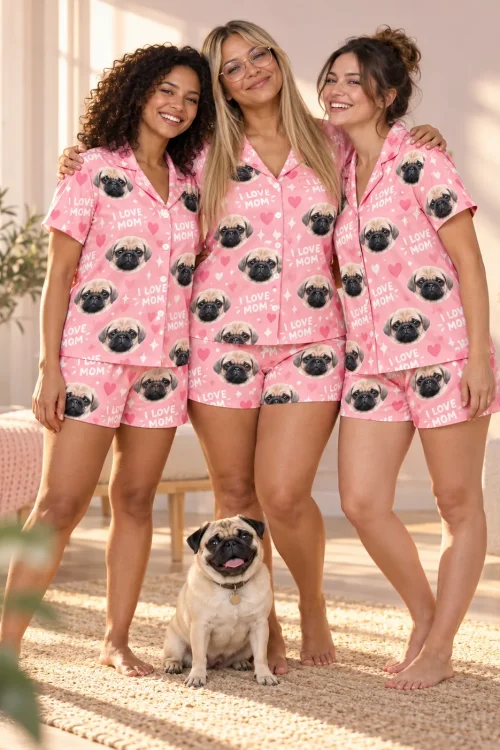 Three women in matching I LOVE MOM pajama sets standing in a bright room with their pug