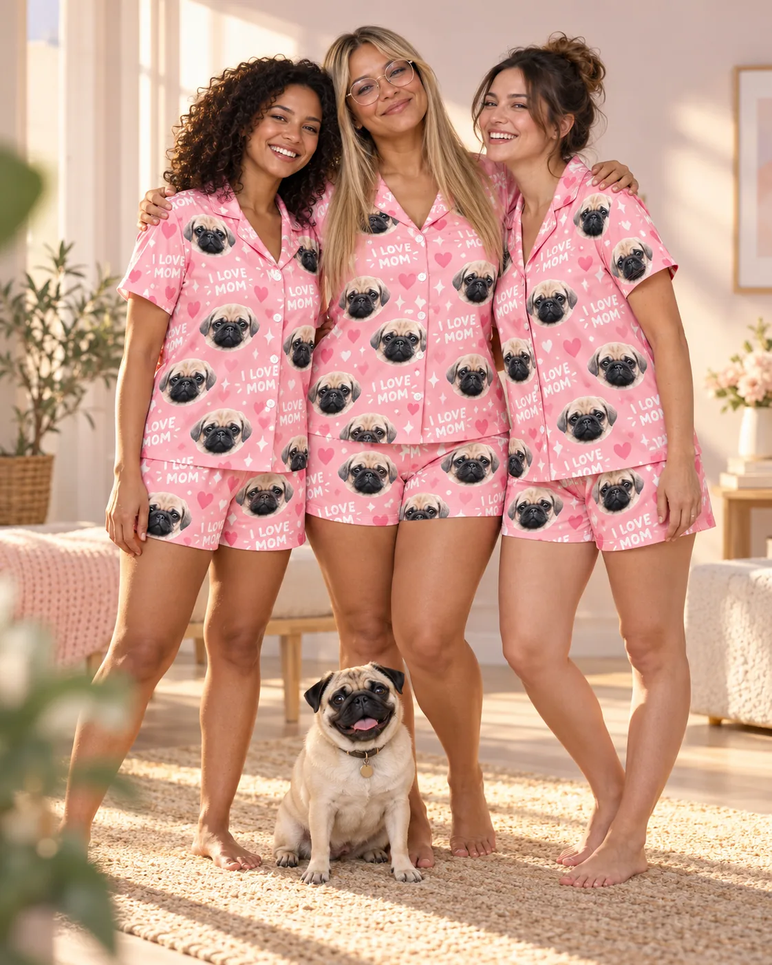 Three women in matching I LOVE MOM pajama sets standing in a bright room with their pug