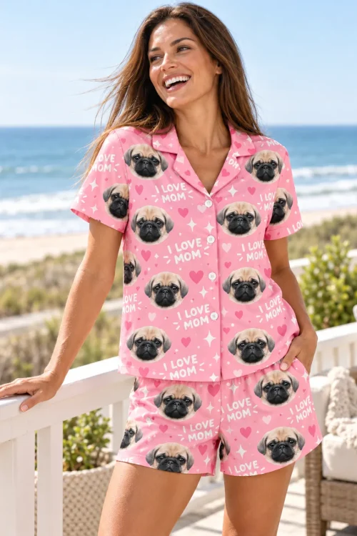 Laughing woman on a beach house deck in a pink mom pajama set with hearts and pug faces