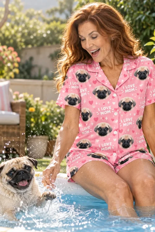 Woman in a mom pajama set sitting at a backyard pool's edge as her pug splashes in the water