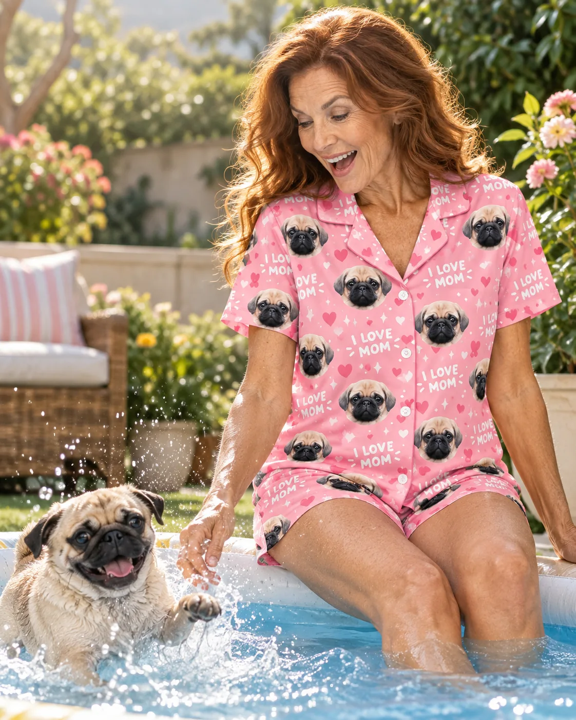 Woman in a mom pajama set sitting at a backyard pool's edge as her pug splashes in the water