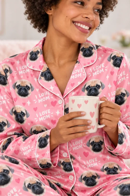 Close-up of the I Love Mom pajama shirt: pink satin, pug faces, hearts and white piping