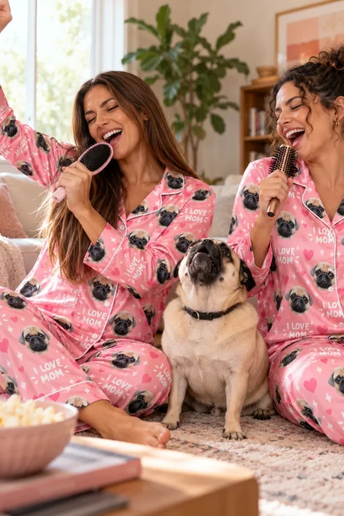 Two women singing into hairbrushes beside their pug in pink I Love Mom pajama sets