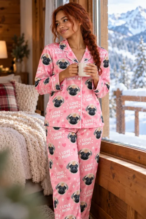 Woman with a mug by a snowy mountain window in a pink I Love Mom pajama set