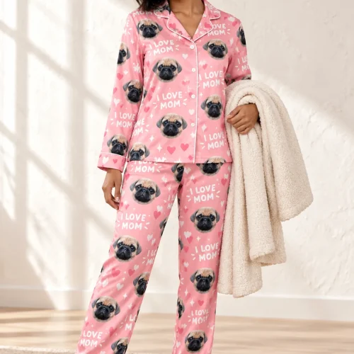 I Love Mom Satin Pajama Set with Your Pet's Face