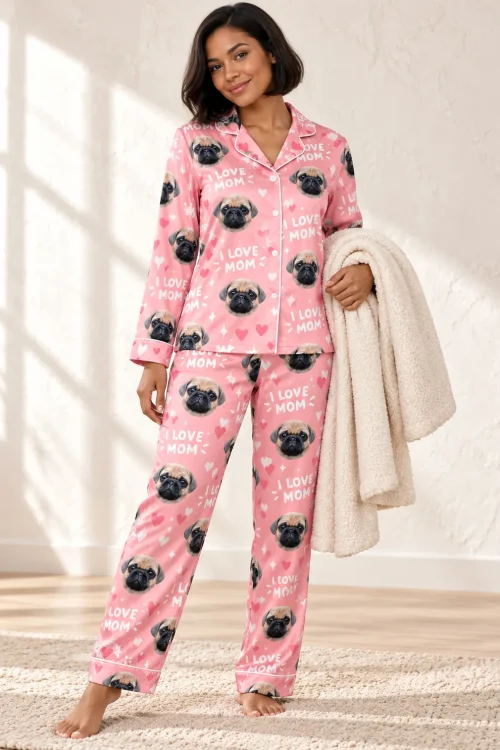 Woman holding a cream throw in a pink I Love Mom pajama set printed with pug faces and hearts