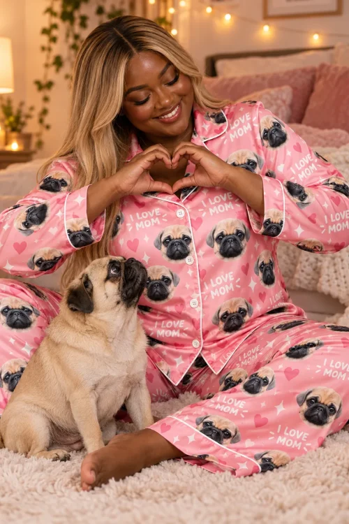 Woman making a heart with her hands for her pug, in a pink I Love Mom satin pajama set