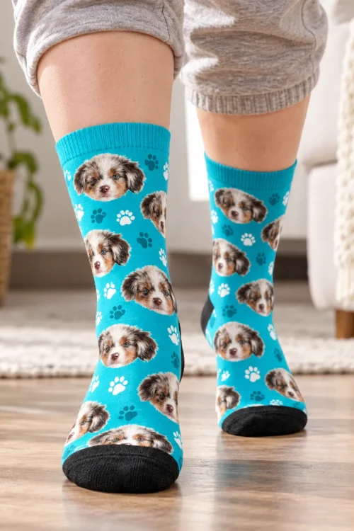 Feet walking across a wood floor in teal paw print socks with puppy faces
