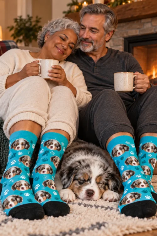 Older couple with mugs by a fireplace in teal paw socks, their puppy asleep at their feet