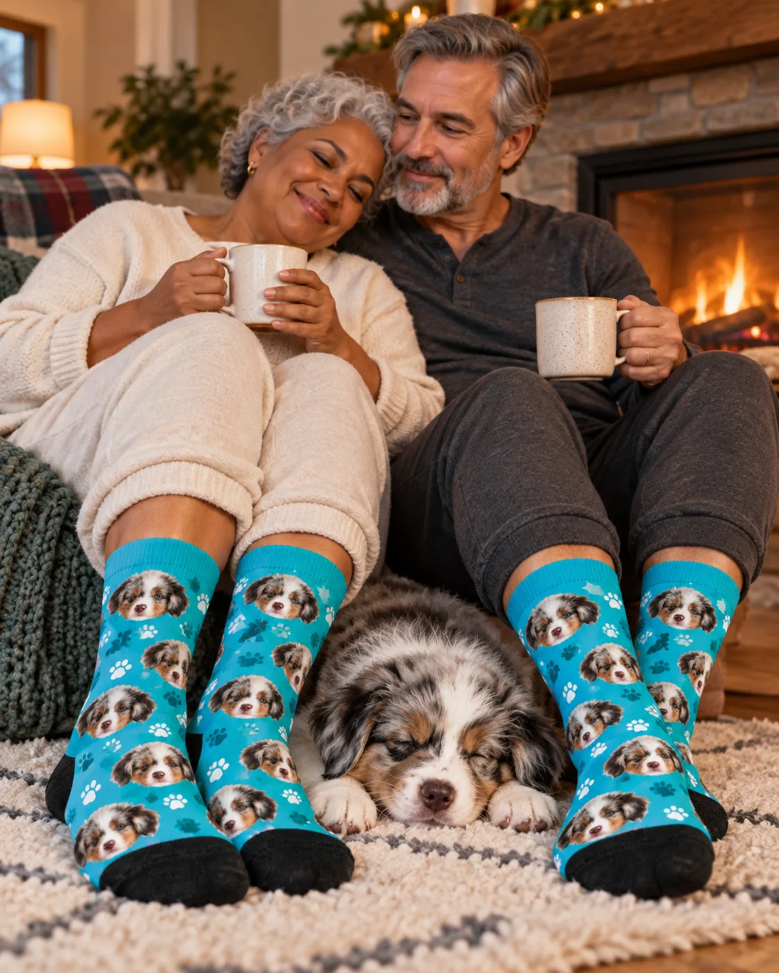 Older couple with mugs by a fireplace in teal paw socks, their puppy asleep at their feet