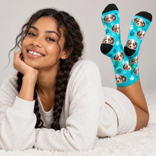Novelty Dog Socks with Your Pet's Face, Teal Paws