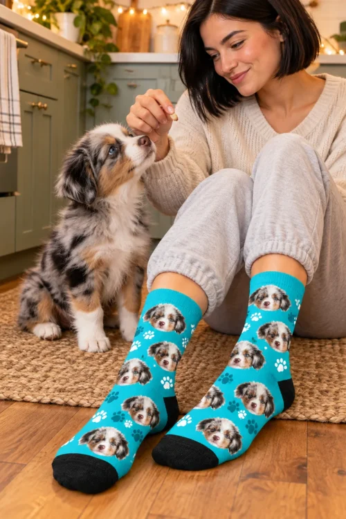 Woman giving her Aussie puppy a treat on the kitchen floor in teal paw face socks