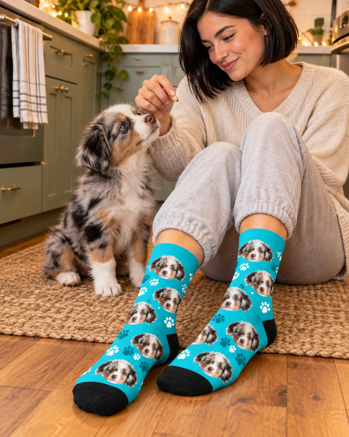 Woman giving her Aussie puppy a treat on the kitchen floor in teal paw face socks