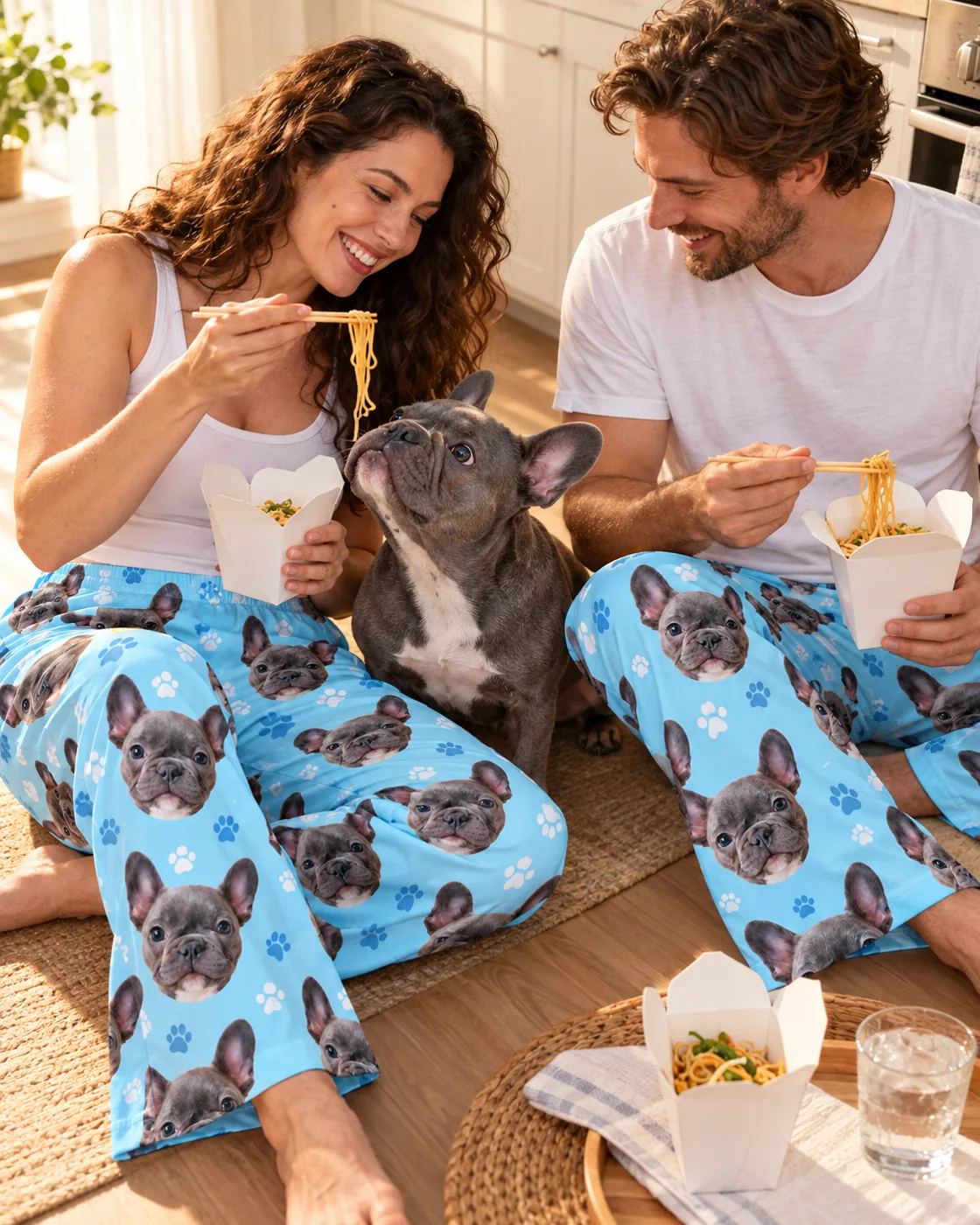 Pajama pants: couple in light blue paw-print pajama pants with French bulldog faces sharing takeout with their dog