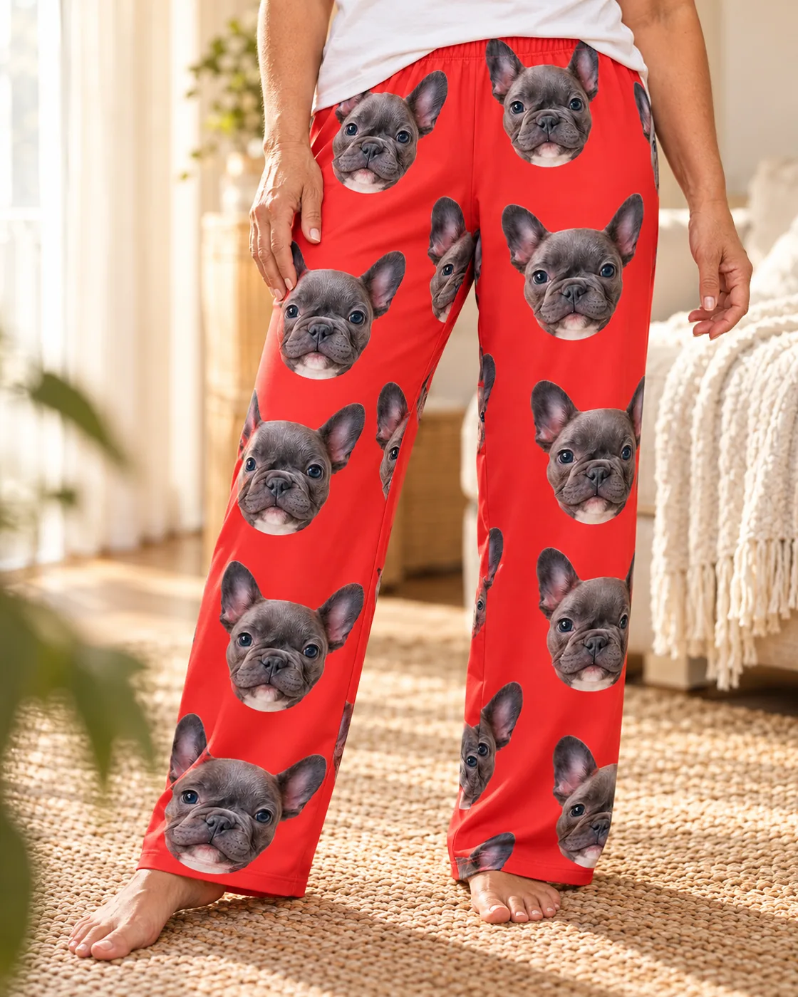 Pajama pants: close-up of red pajama pants printed with French bulldog faces