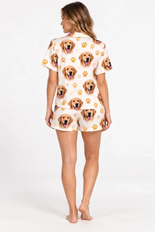 Back view of the women's pet face short pajama set, dog face print on shirt and shorts