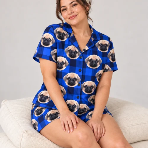 Women's Blue Plaid Short Pajama Set with Your Pet's Face