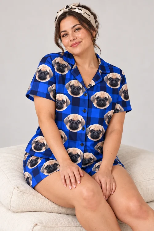 Women's Blue Plaid Short Pajama Set with Your Pet's Face